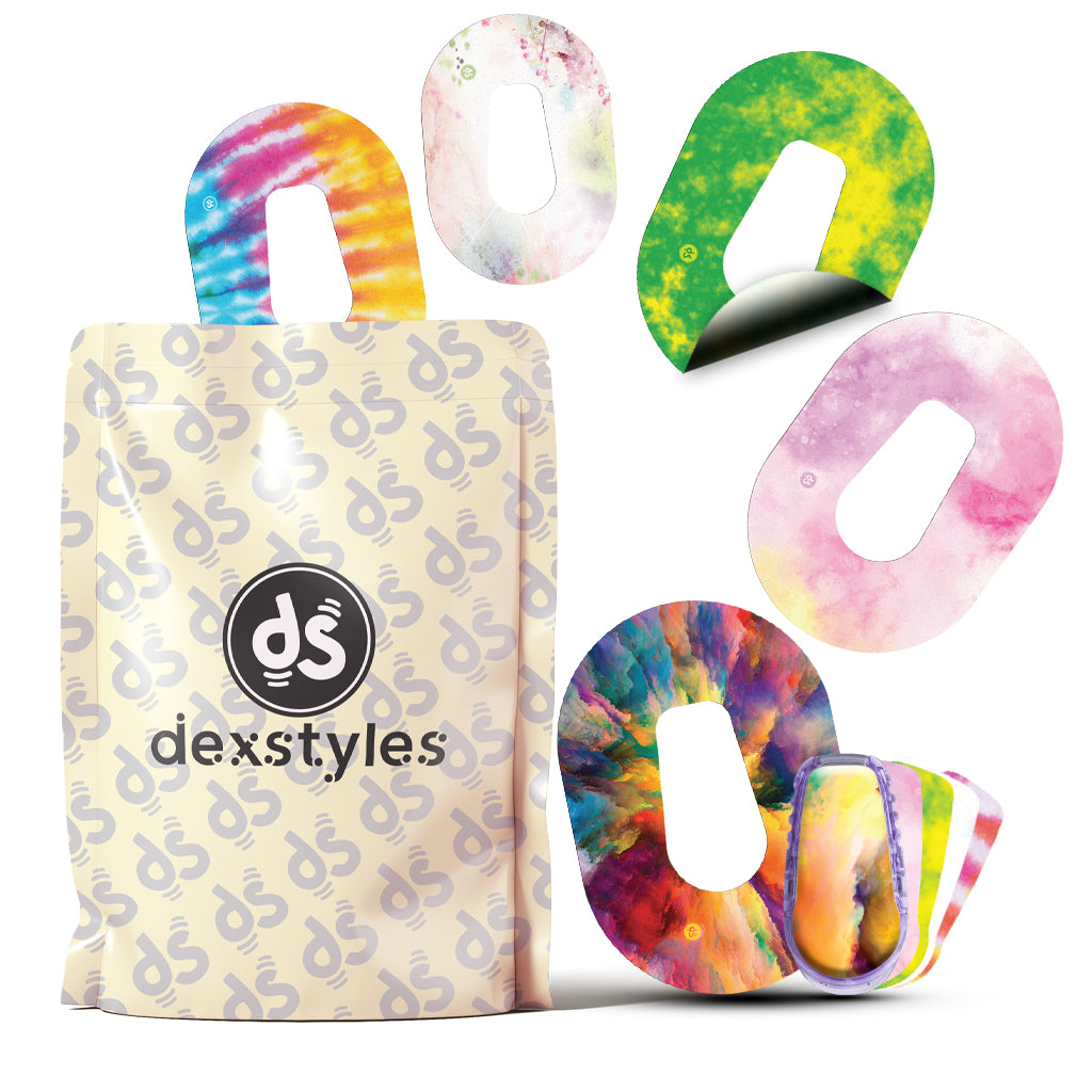 Dexstyle Tie-Dye World design, Dexcom G6 Mini patches.