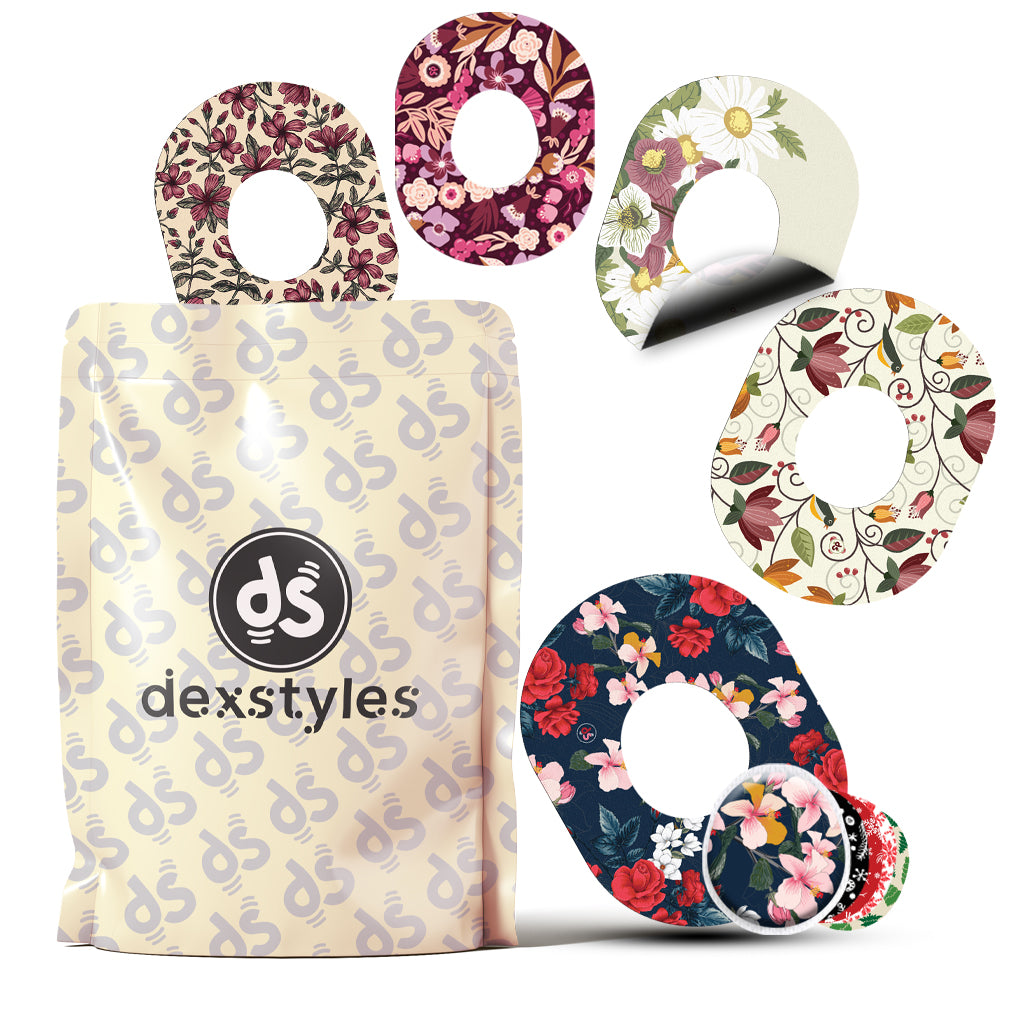 Dexstyles Bloom Era design, Dexcom G-7 and Stelo cgm patches.