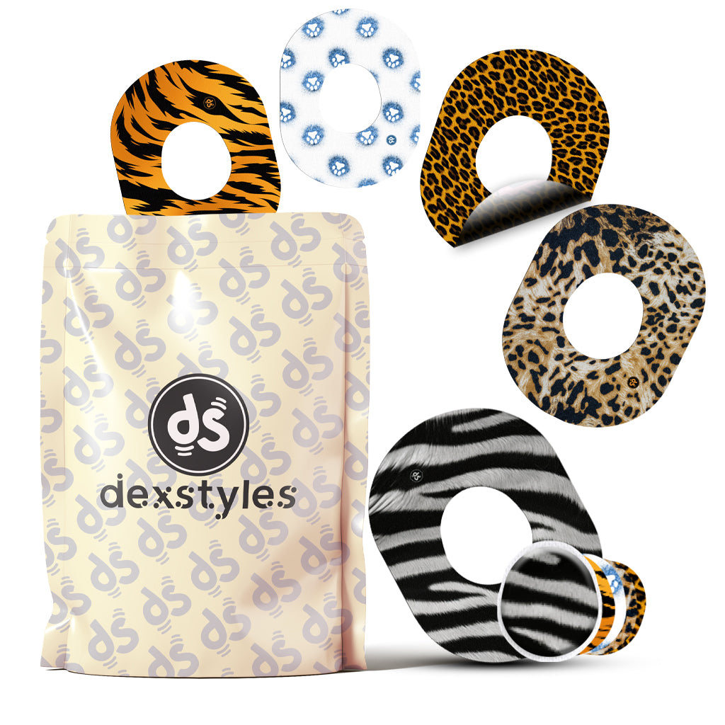 Dexstyle Wild skin design, Dexcom G-7 and Stelo cgm patches.