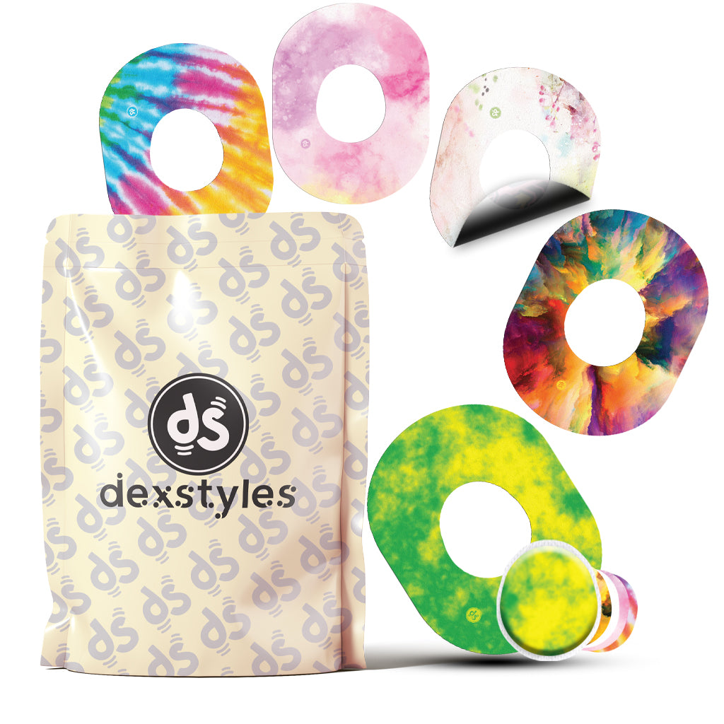 Dexstyles Tie-Dye World design, Dexcom G-7 and Stelo cgm patches.