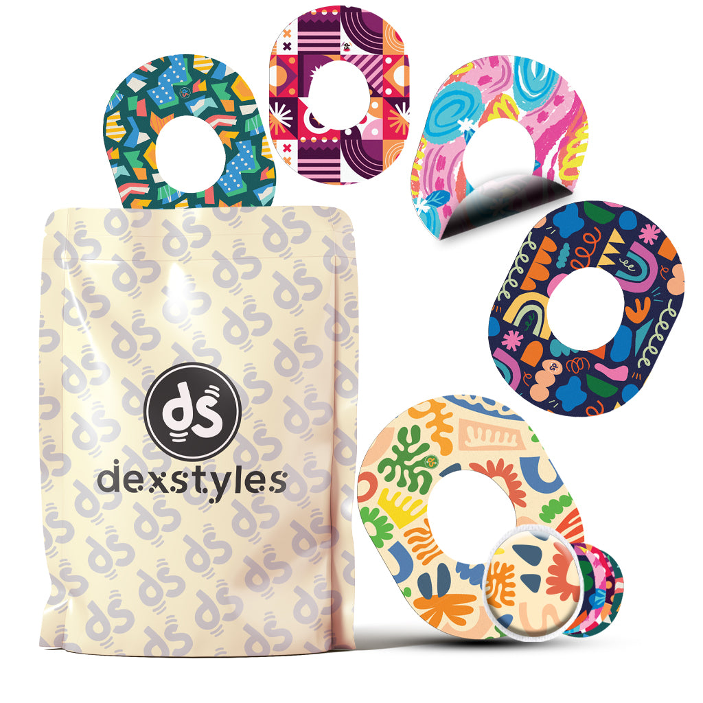 Dexstyles Funky World design, Dexcom G-7 and Stelo Cgm patches