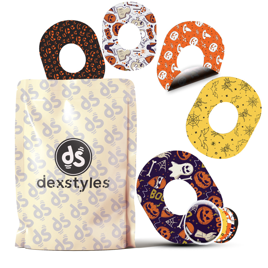 Dexstyles Halloween Vibe design, Dexcom G-7 and Stelo patches.