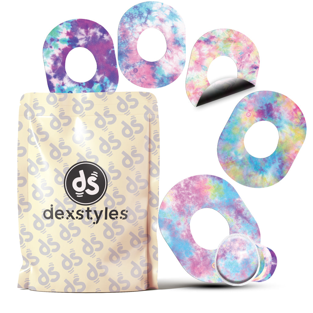 Dexstyles Tie-Dye Tribe design, Waterproof Adhesive Patches for Omnipod – Hypoallergenic CGM Overpatches, Long-Lasting.