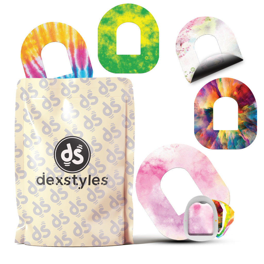 Dexstyles Tie-Dye World Design Omnipod patches.