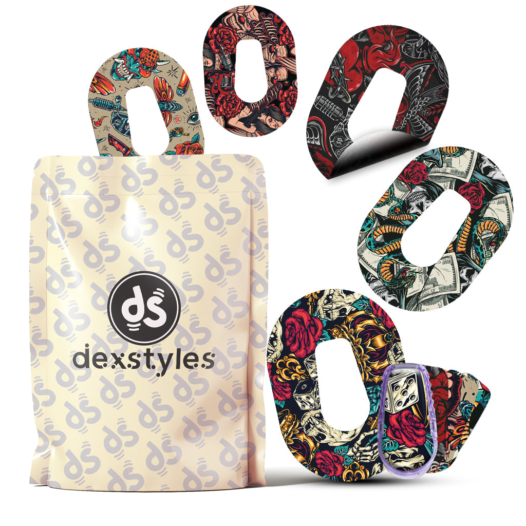 Dexstyles Tatto Tribe design, Dexcom G6 Mini patches.