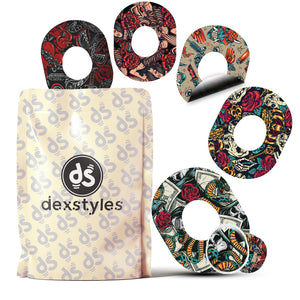 Dexstyles Tattoo tribe design, Dexcom G-7 and Stelo cgm patches.