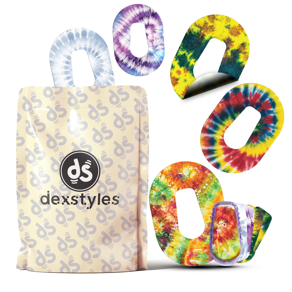 Dexstyles Tie-Dye Burst design, Dexcom G6 Mini patches.