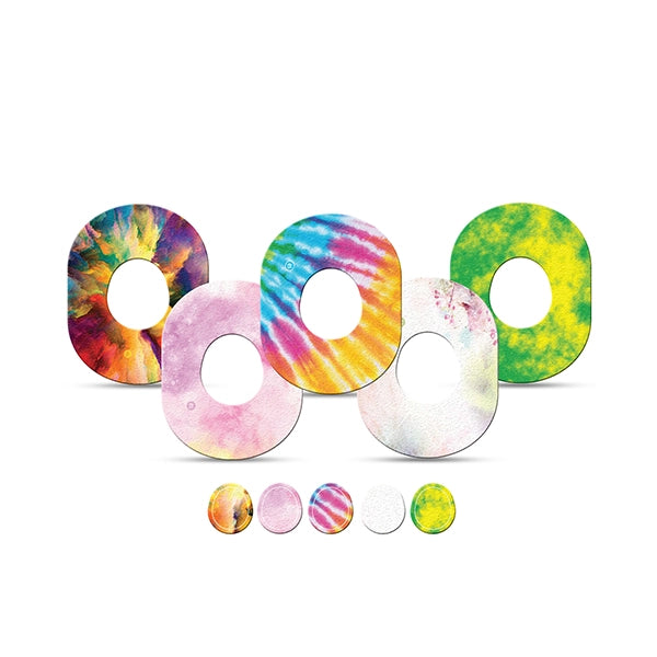 Dexstyles Tie-Dye World design, Dexcom G-7 and Stelo cgm patches.